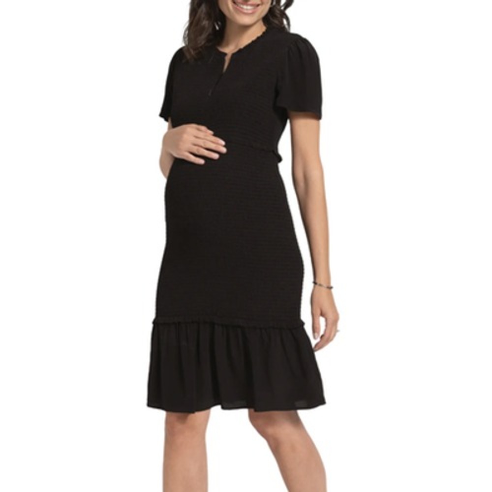 Seraphine Maternity Dress Womens 6 Black Smocked Puff Sleeve Ruffle Hem Sheath